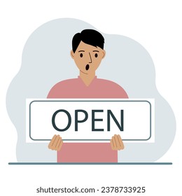A man holds a board with the text OPEN in his hands. Advertising poster.