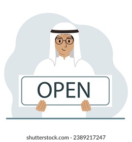 A man holds a board with the text OPEN in his hands. Advertising poster.