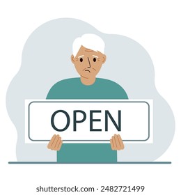 Un hombre sostiene una tabla con el texto ABIERTO en sus manos. Afiche publicitario.