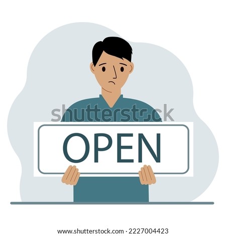 A man holds a board with the text OPEN in his hands. Advertising poster. Vector flat illustration