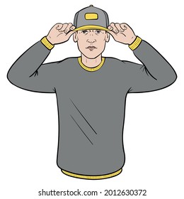 man holds both hands on baseball cap. comic avatar.