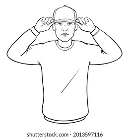 der Mann hält beide Hände auf Baseballkappe. Comic Avatar, einfarbig.