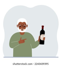 A man holds a bottle of alcohol or wine in his hand. Sad man suffering from severe alcohol addiction. Alcoholism abuse concept. Vector flat illustration