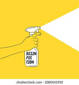 A man holds a bottle of cleaning spray in his hand. The disinfectant destroys germs. Poster on the theme of cleaning.