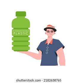 A man holds a bottle made of biodegradable plastic in his hands. Concept of green world and ecology. Isolated. Fashion trend illustration in Vector.