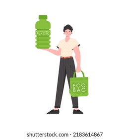 A man holds a bottle made of biodegradable plastic in his hands. The concept of ecology and care for the environment. Isolated. Fashion trend illustration in Vector.