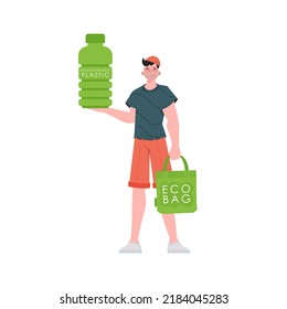 A man holds a bottle made of biodegradable plastic in his hands. ECO friendly concept. Isolated on white background. Fashion trend illustration in Vector.