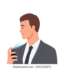 Man holds bottle of perfume and uses it wearing suit. Flat vector illustration isolated on white background