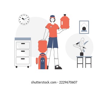 A man holds a bottle of water in his hands. Water delivery concept. Linear trendy style.