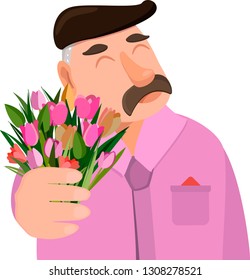 A man holds a bouquet of flowers. Congratulations on March 8, International Women's Day. St. Valentine's Day. Element for a birthday greeting card for her. Cartoon style illustration on isolated white