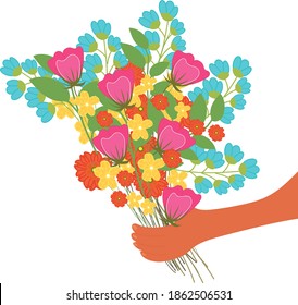 Man holds a bouquet. St. Valentine's day and Women's Day concept. Vector illustration.