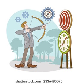 Man holds bow and hits target. Worker complete tasks successfully. Getting job done on time. Time management concept. Flat vector illustration in blue colors
