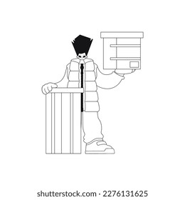 El hombre sostiene la caja, entregando el paquete. Ilustración vectorial lineal.