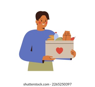 Man holds box with food items for charitable. Male person donates some products. Volunteer gives some items of food and drinks as social help. Vector illustration