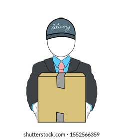 man holds a box in front of him. parcel delivery.  flat design. vector illustration.