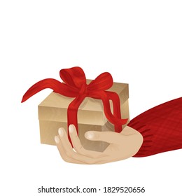 A man holds a box with a gift in his hands. Human hands are handing a box with a gift. Congratulations on the holiday. Birthday, Christmas, New Year. Isolated vector illustration.