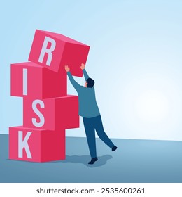 Um homem segura uma caixa com risco escrito nela que está prestes a cair. Ilustração de gerenciamento de riscos, erros de negócios, estratégia e planejamento.