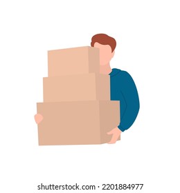 Man holds the boxes in his hands. The courier carries the boxes on foot. Walking delivery. Vector illustration isolated on white background.