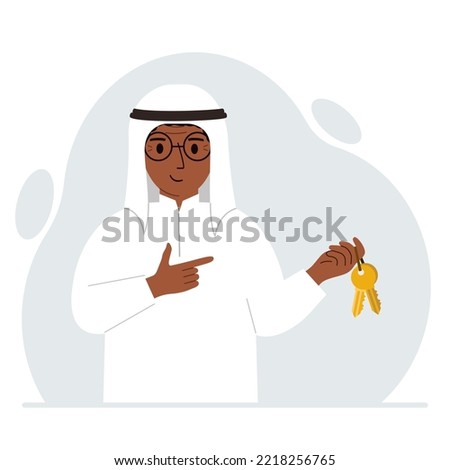A man holds a bunch of golden keys to open a locked door. Knowledge or the key to success. Vector flat illustration
