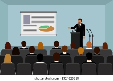Man holds business presentation in conference room. Vector illustration.