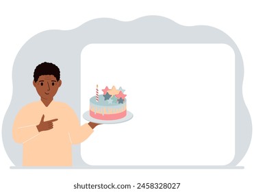 A man holds a cake in his hand. Nearby is a white poster for text. Birthday or holiday. Vector flat illustration