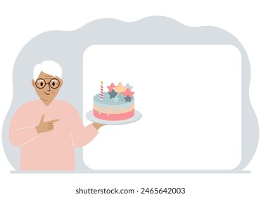 A man holds a cake in his hand. Nearby is a white poster for text. Birthday or holiday.
