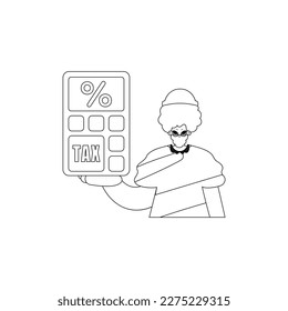 Man holds a calculator. Linear drawing. Vector illustration.