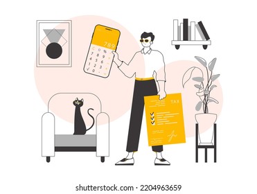 A man holds a calculator. Linear trendy style. Vector illustration.