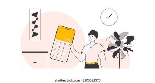 A man holds a calculator. Linear trendy style. Vector illustration.
