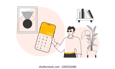 A man holds a calculator. Linear trendy style. Vector illustration.