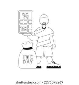 Man holds a calculator. Linear, vector illustration.