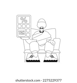 El hombre sostiene una calculadora. Ilustración vectorial lineal.