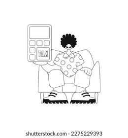 Man holds calculator. Linear vector illustration.