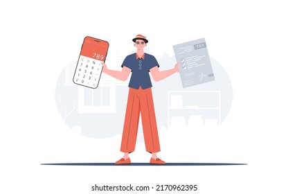 A man holds a calculator and a tax form in his hands. The concept of payment and calculation of taxes. Vector illustration.