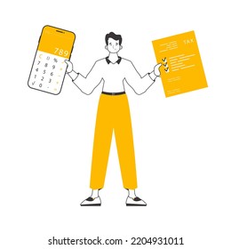 A man holds a calculator and a tax form in his hands. Minimalistic linear style. Isolated. Vector illustration.