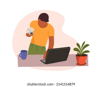 A man holds a camera in his hand in a photo studio. A professional photographer stands at his desk and looks into a laptop. Online courses, master class, training. Vector illustration