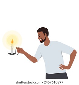 El hombre sostiene un candelabro con una vela encendida. Ilustración vectorial plana aislada sobre fondo blanco