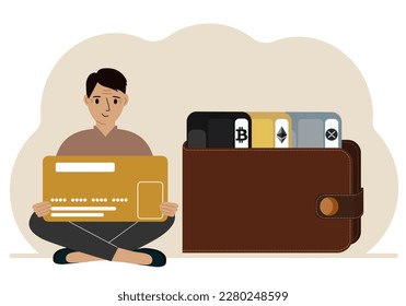 A man holds a card, next to a wallet with different cards for cryptocurrencies. Internet wallet, digital money transactions, exchange platform, cold wallet or hardware wallet. Vector flat illustration