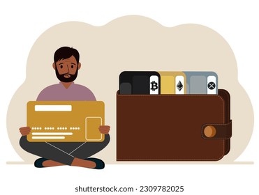 A man holds a card, next to a wallet with different cards for cryptocurrencies. Internet wallet, digital money transactions, exchange platform, cold wallet or hardware wallet. Vector flat illustration