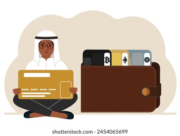 A man holds a card, next to a wallet with different cards for cryptocurrencies. Internet wallet, digital money transactions, exchange platform, cold wallet or hardware wallet. Vector flat illustration