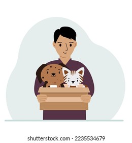 A man holds a cardboard box with a cat and a dog. The concept of rescue, help and care for pets. Vector flat illustration