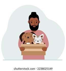 A man holds a cardboard box with a cat and a dog. The concept of rescue, help and care for pets. Vector flat illustration