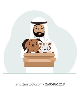 A man holds a cardboard box with a cat and a dog. The concept of rescue, help and care for pets. Vector flat illustration
