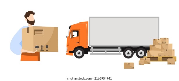 Un hombre sostiene una caja de cartón. Camión de entrega con cajas. Camión comercial de servicios de entrega rápida. Ilustración vectorial aislada