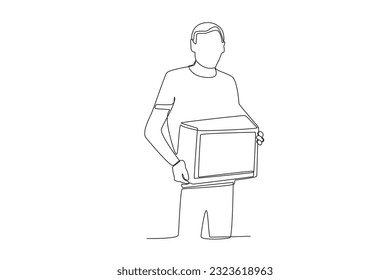 A man holds a cardboard box to help humans. World humanitarian day one-line drawing