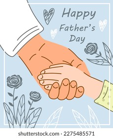 El hombre sostiene al niño a mano. Elemento de diseño para postal feliz Día del padre. Buenas relaciones familiares, amor y apoyo. Regalo y regalo de vacaciones. Dibujo vectorial plano de dibujos animados