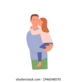 A man holds a child in his arms. The little daughter kisses her father on the cheek. Illustration of happy Father's Day. Portrait of cute characters, vector