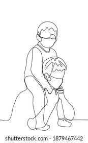 man holds child his shoulders  both wearing masks  one line drawing father   little son wearing masks  child sitting adult's neck