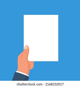 El hombre tiene una hoja de papel limpia en las manos. Vacío en blanco. Ilustración vectorial, diseño plano. Plantilla para texto. Aislado en segundo plano.