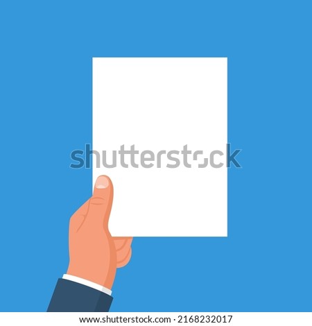 The man holds a clean sheet of paper in hands. Empty blank. Vector illustration, flat design. Template for text. Isolated on background.